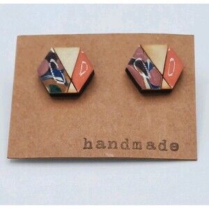 Handmade Hexagon Wood Resin Stud Earrings Geometric Boho Colorful Abstract  NEW